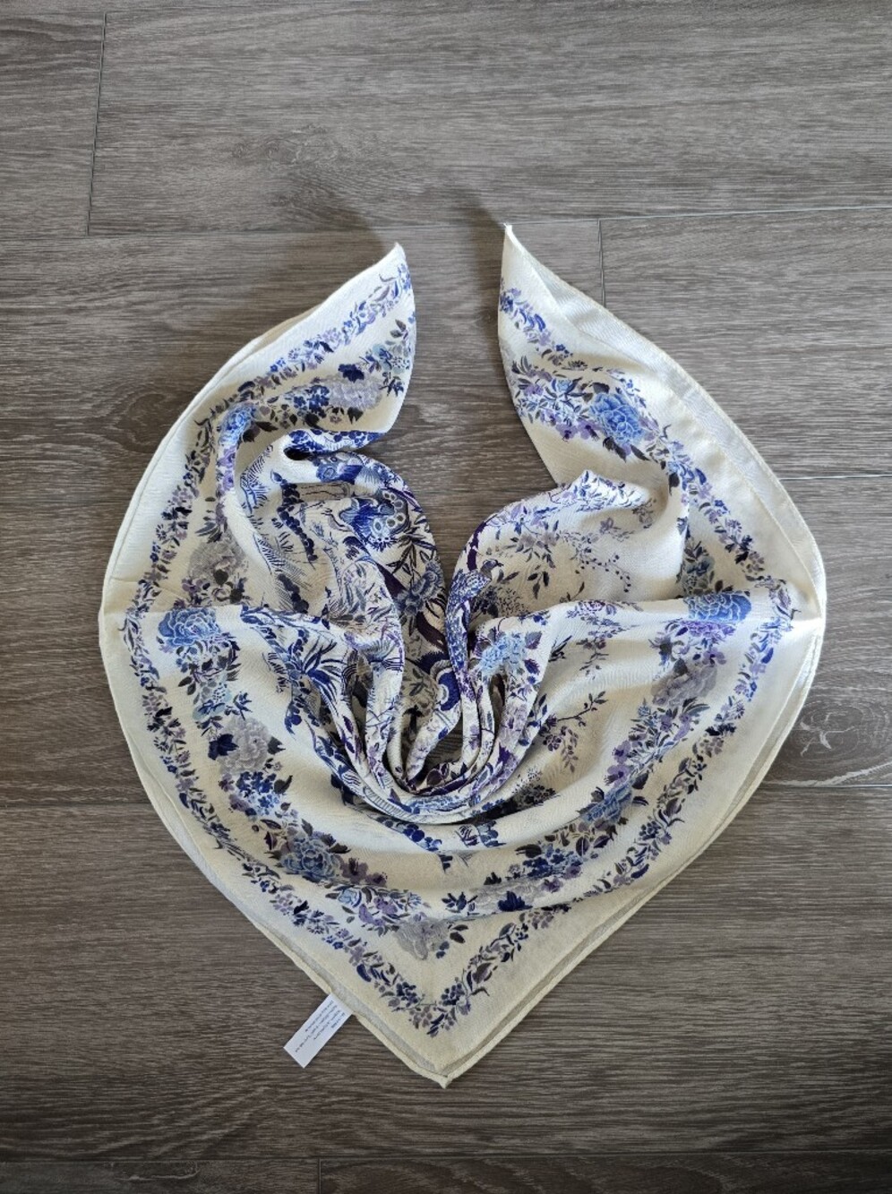 Chinoiserie Floral Bird Print Square Scarf Blue Purple Cream Neckerchief Bandana